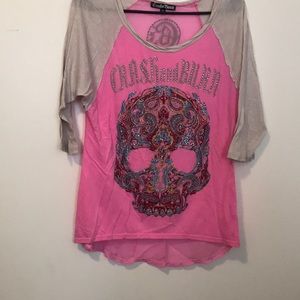 Pink and white 3/4 sleeve crash and burn shirt